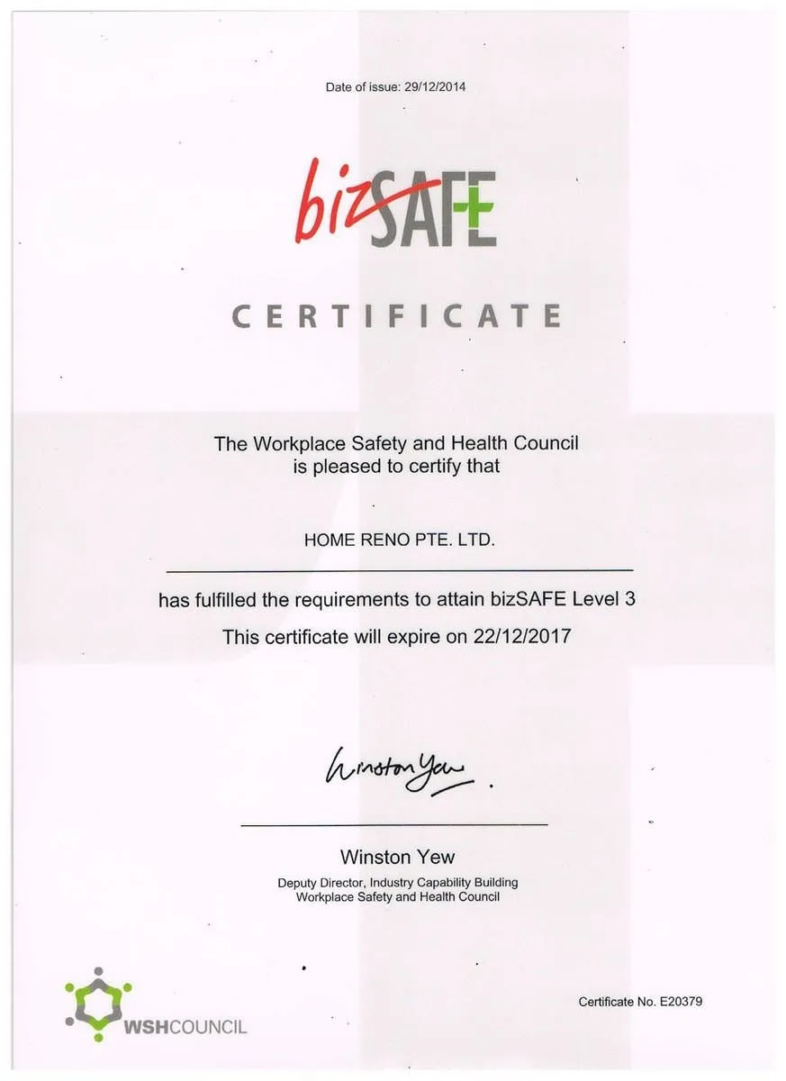 bizSAFE Level 3 certificate awarded by Workplace Safety and Health Council Singapore