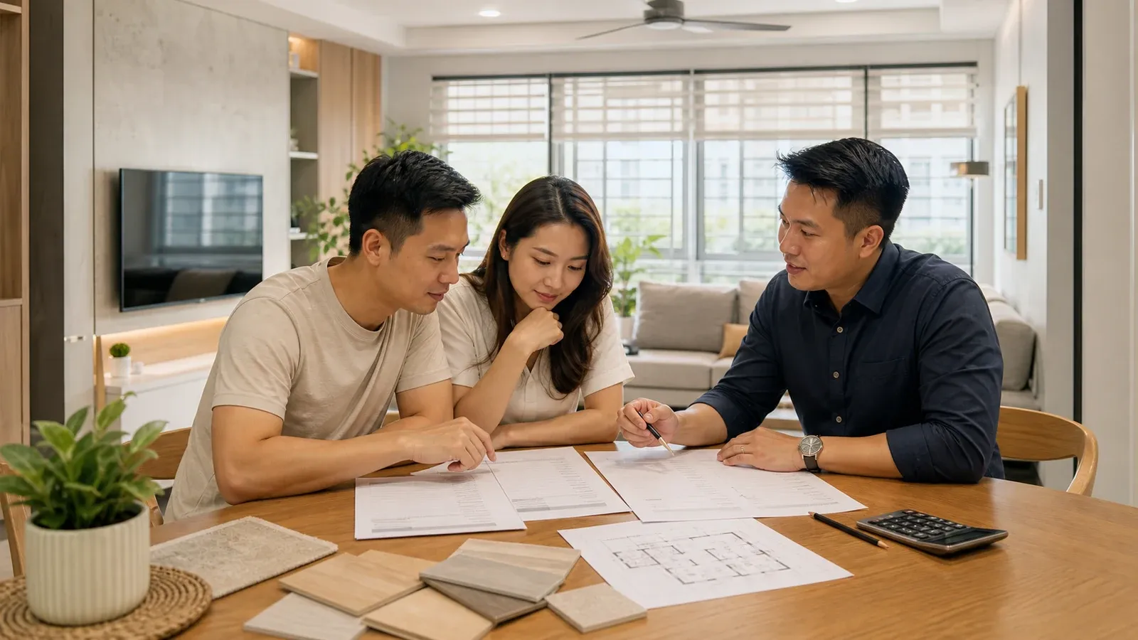 Singapore homeowners comparing itemised renovation quotations with a renovation professional