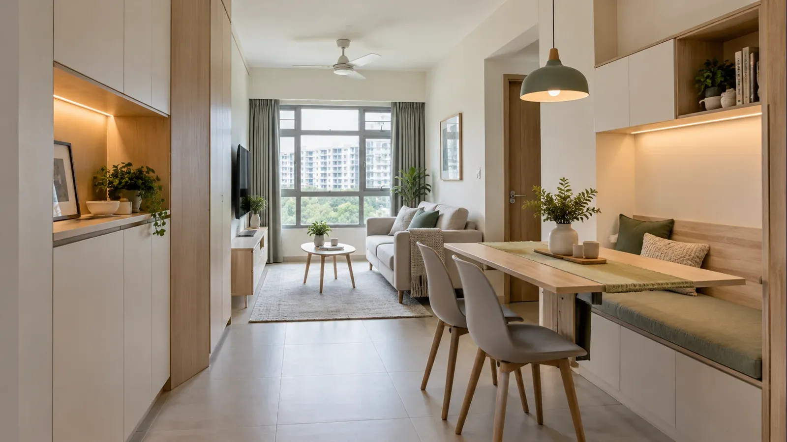 Compact Singapore HDB living and dining area with full-height storage and built-in bench seating