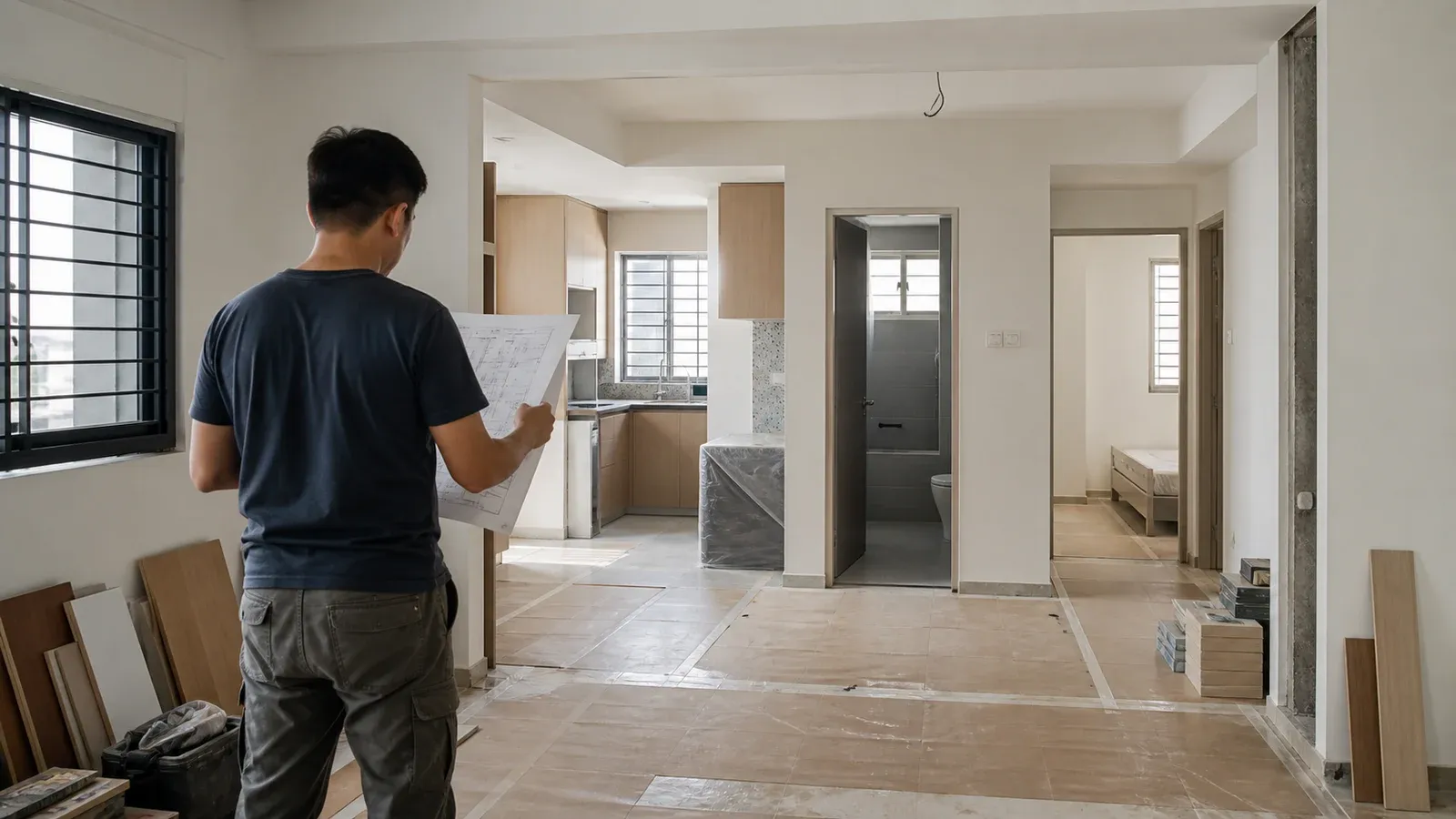 Partially renovated Singapore home showing connected kitchen, bathroom, living and bedroom work zones