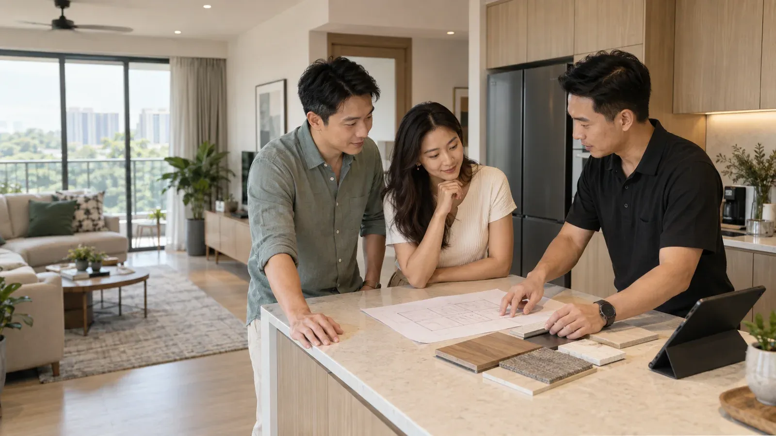 Singapore condo homeowners reviewing a floor plan and material samples with a renovation consultant