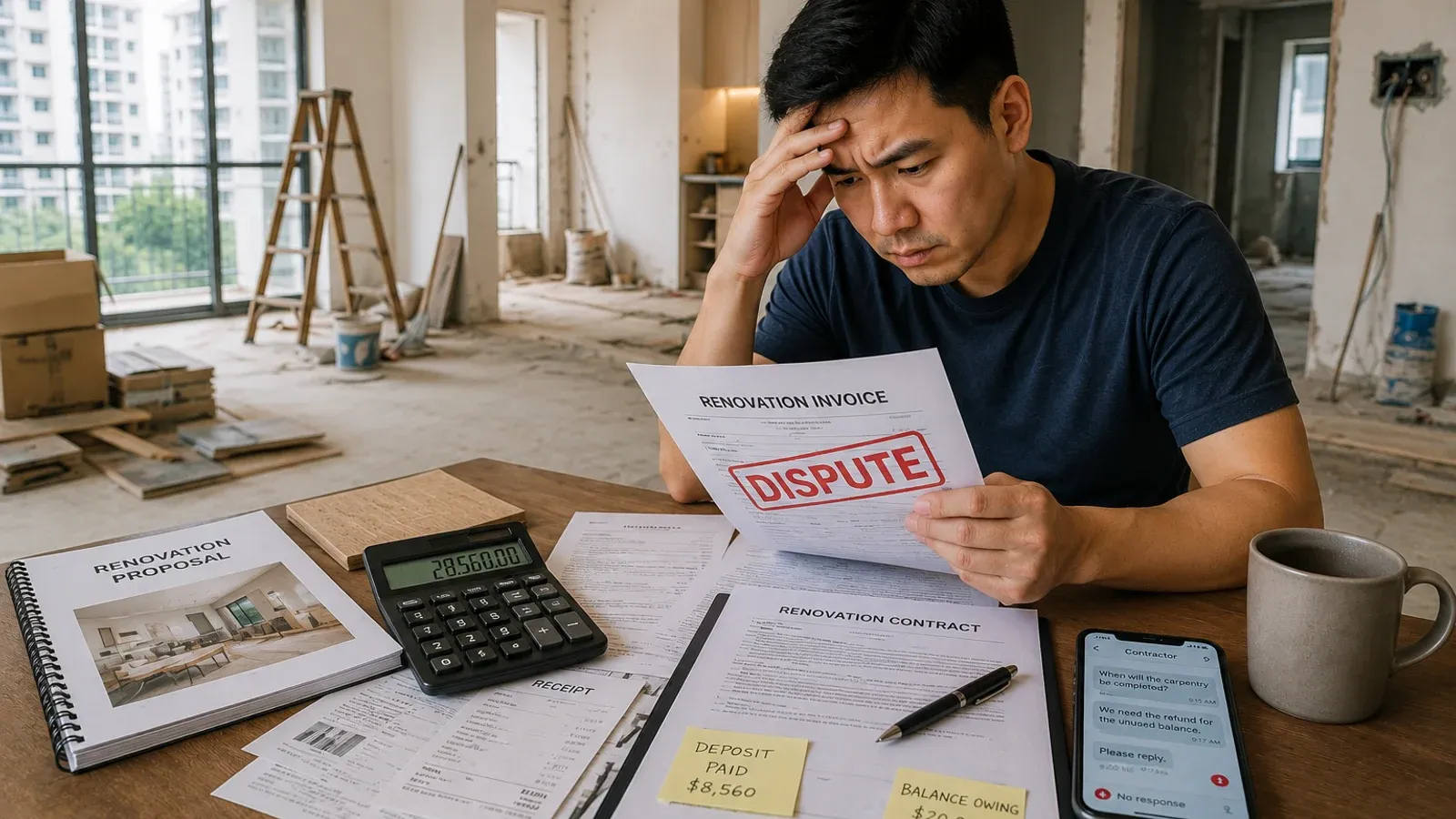A worried homeowner holding a disputed renovation invoice beside contracts, receipts, and unanswered contractor messages