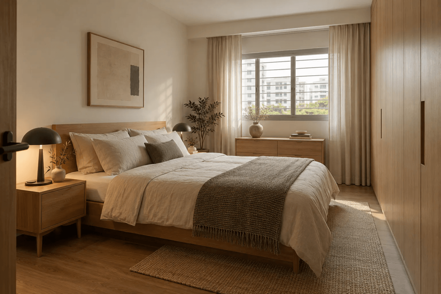 Japandi Singapore HDB bedroom with natural timber, linen bedding, charcoal lamps and clear circulation beside built-in storage