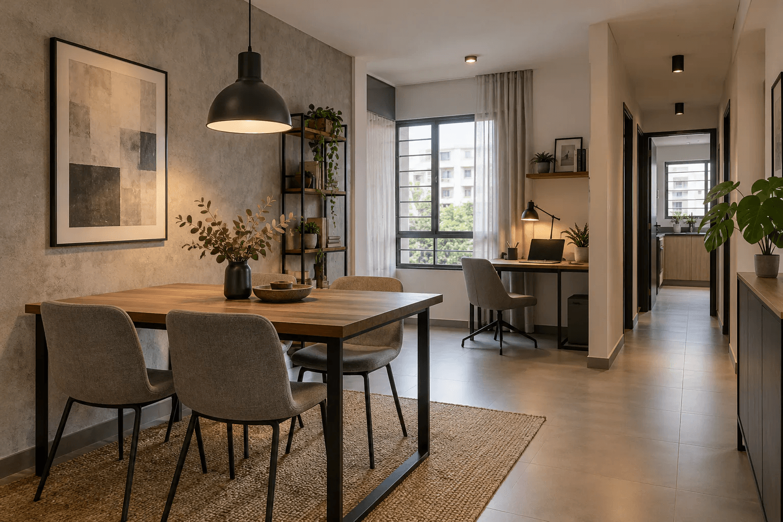 Soft-industrial Singapore HDB dining and study area with concrete-look wall, dark metal details, warm timber and upholstered seating