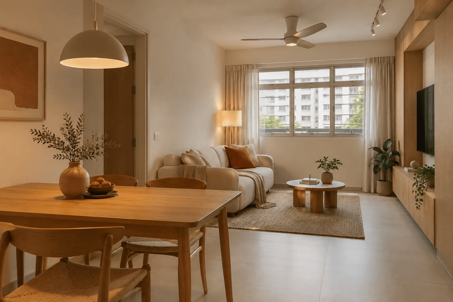 Warm-minimal Singapore HDB living and dining room with pale timber, concealed storage, rounded furniture and layered lighting
